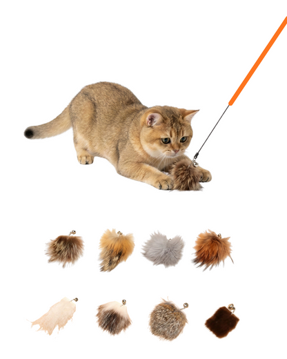 Enrichment Cat Teaser Wand Kit by Milou & Lumi — Includes Wand + Natural-Fur Attachments (9 Styles)