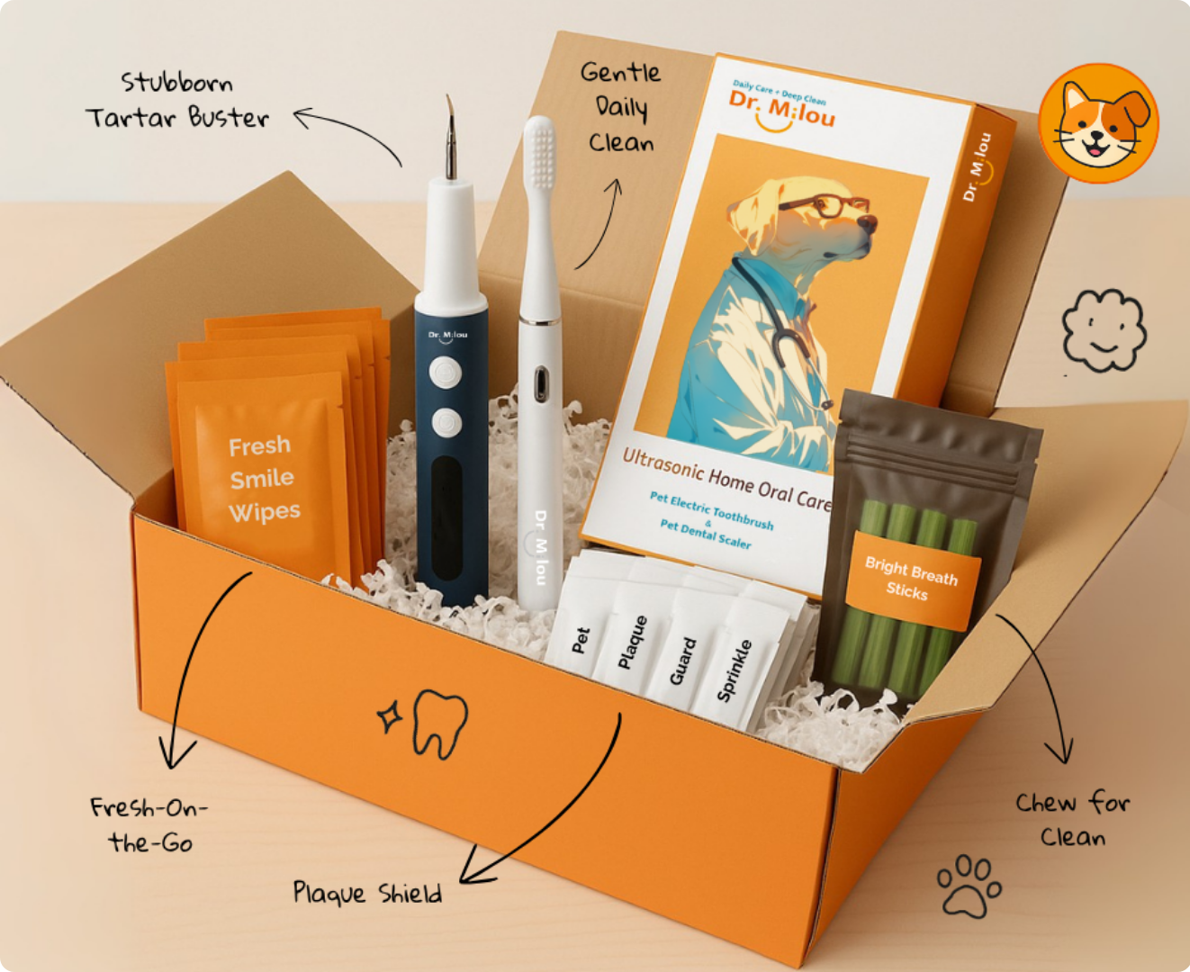 Dog care product set with various items in an open box on a beige background